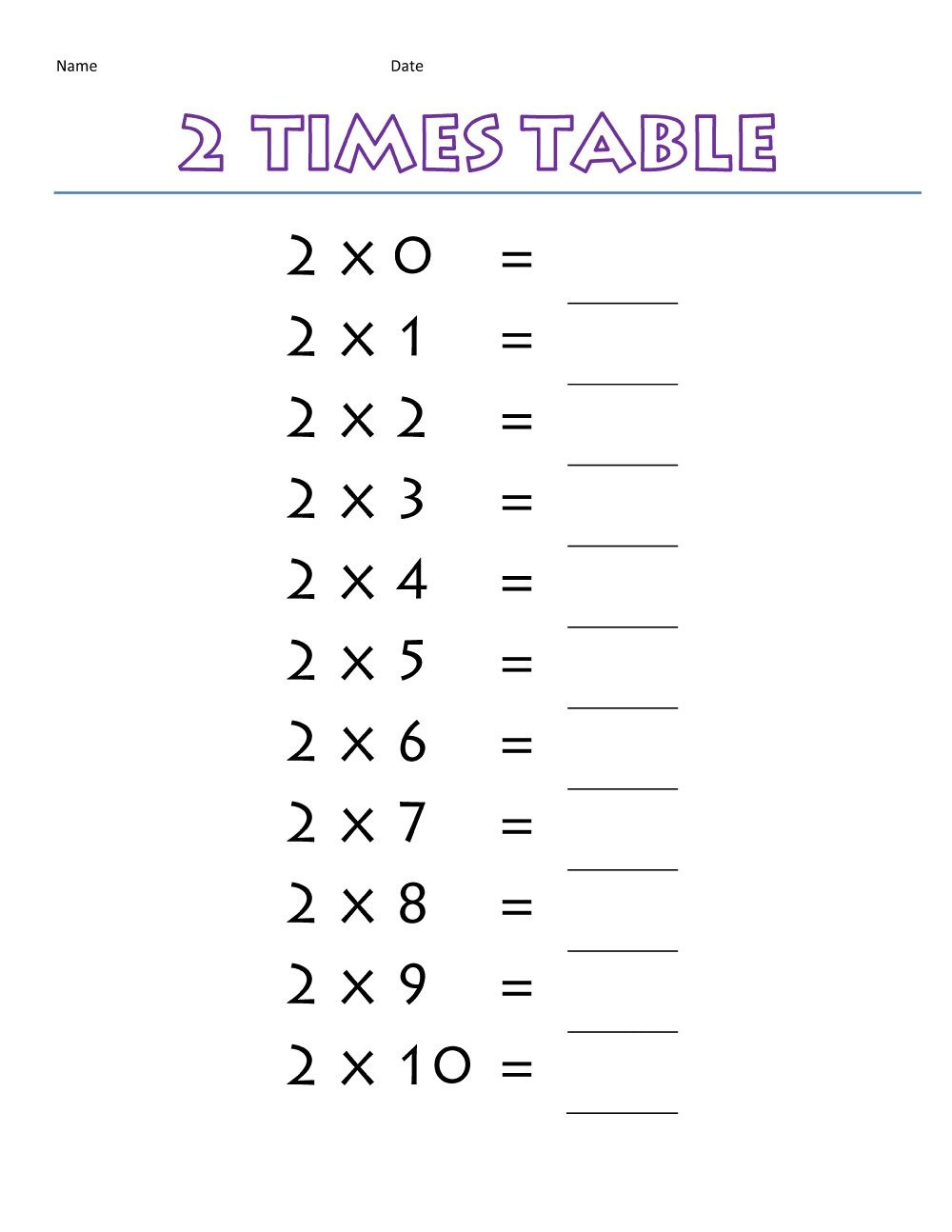 Printable Times Tables 2 Times Table Sheets 2X Table Worksheet 