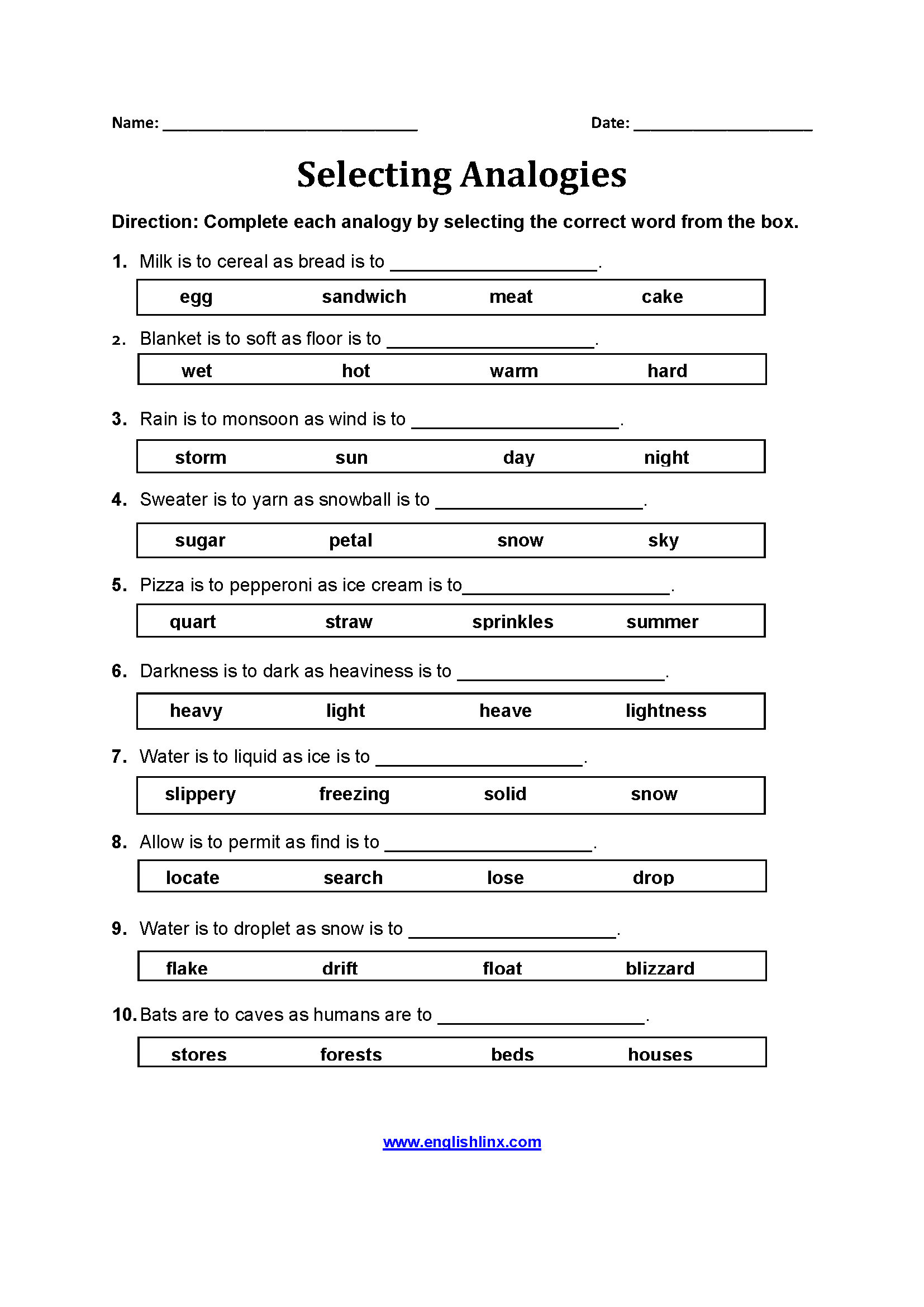 Analogy Worksheets For Middle School Printables Printable Worksheets