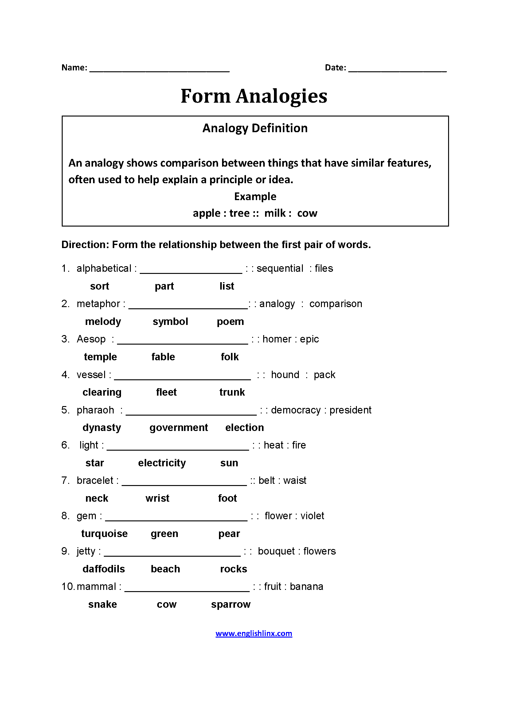 Analogy Worksheets For Middle School Printables Printable Worksheets