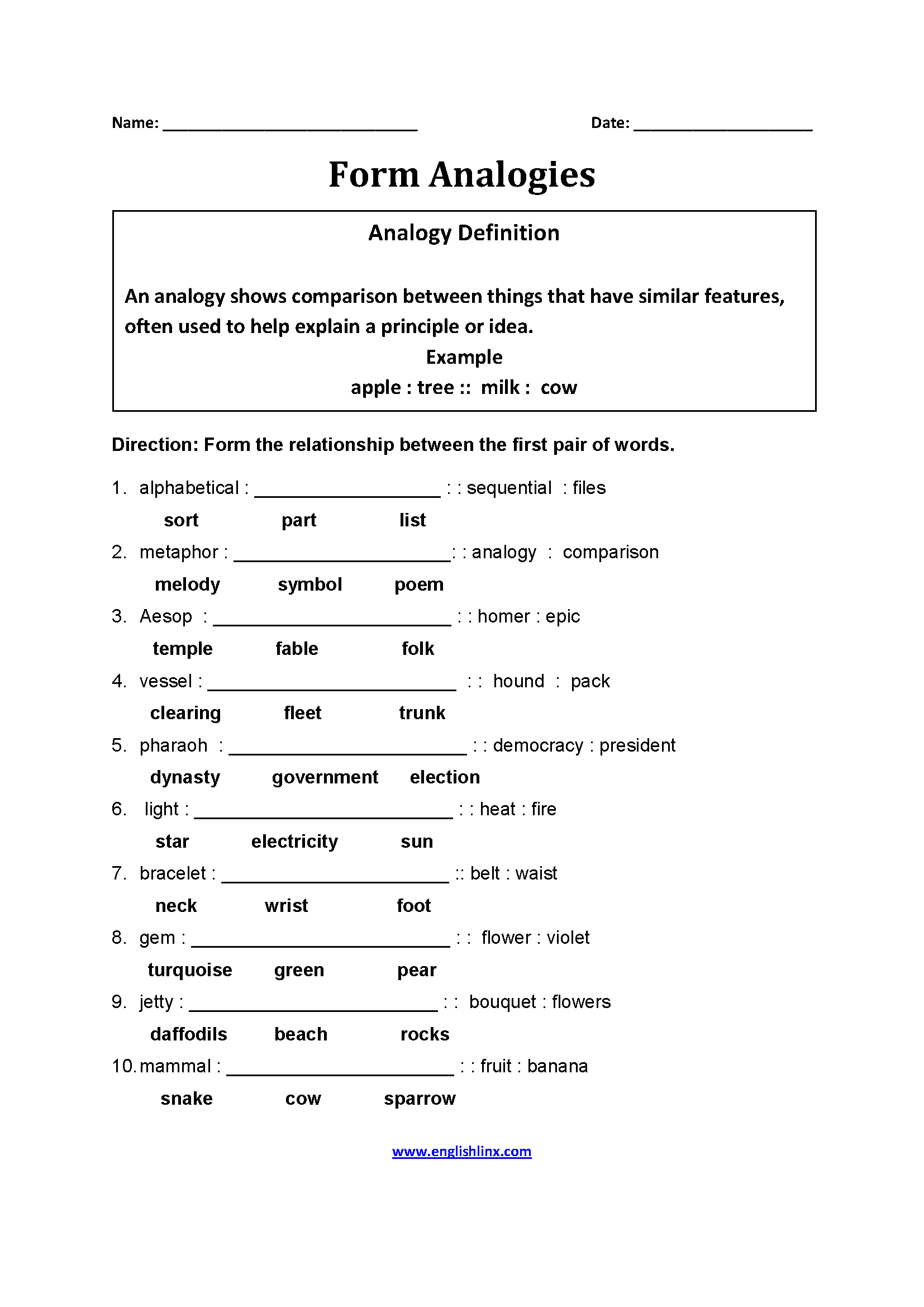 Analogy Worksheets For Middle School Printables Lyana Worksheets