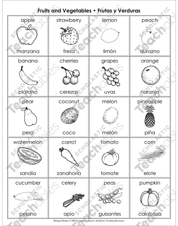 Fruits And Vegetables Frutas Y Verduras Bilingual Bingo Games 