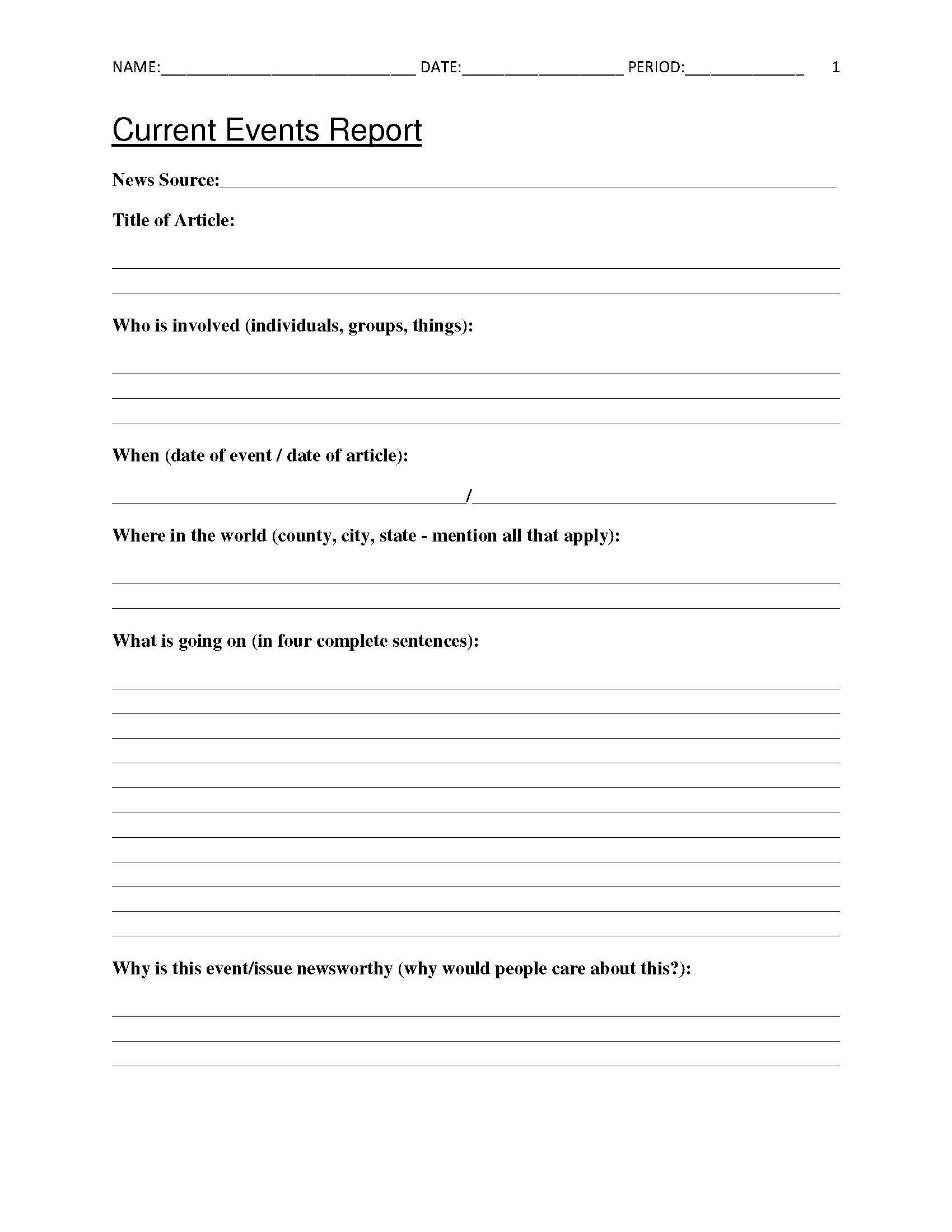 Free Current Events Report Worksheet For Classroom Teachers Current 
