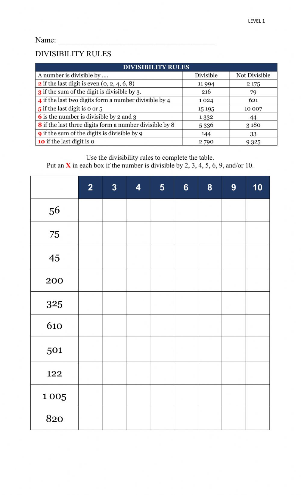 Divisibility Rules Online Worksheet