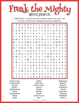 Freak The Mighty Word Search By Puzzles To Print TpT