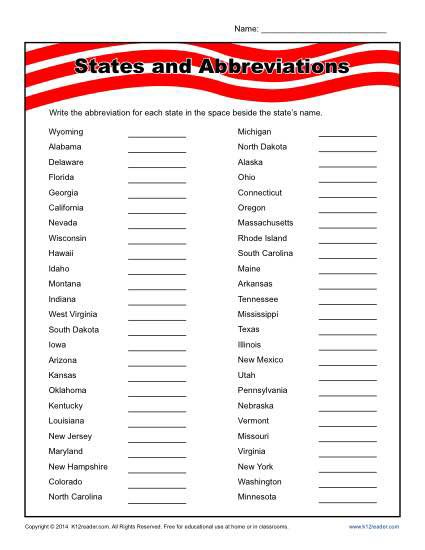 States And Abbreviations Worksheet Practice Activity State 