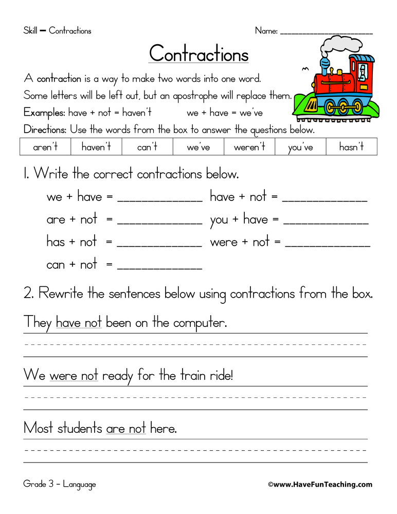English Contractions Worksheets Resources