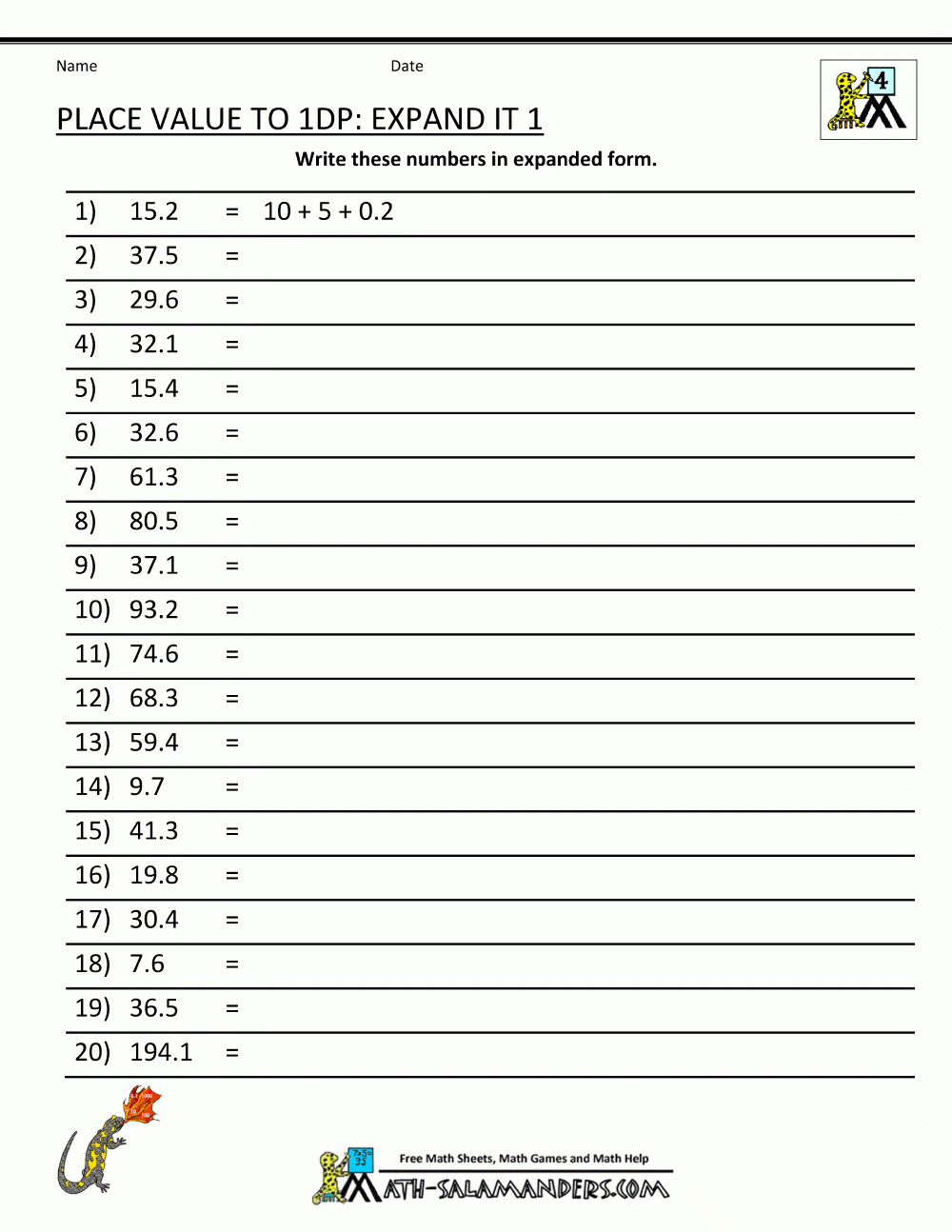 Decimal Place Value Worksheets 4Th Grade Free Printable Expanded 