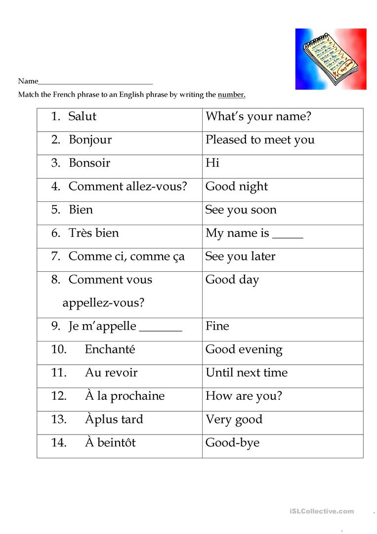 Basic French Greetings Worksheets