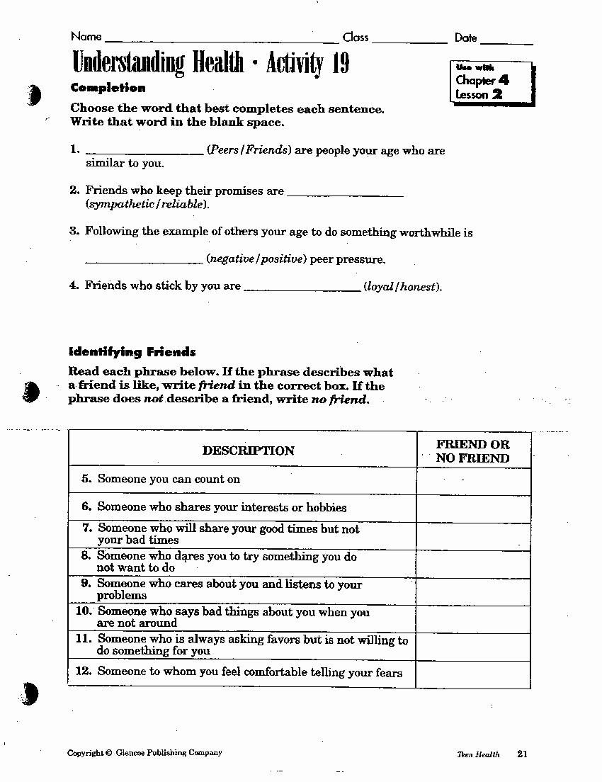 Middle School Health Worksheets Db excel