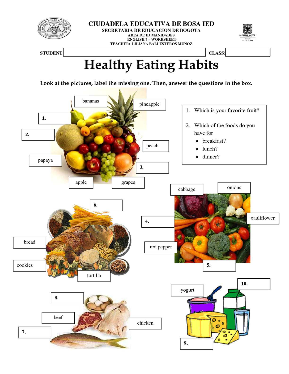 Calam o Worksheet Healthy Eating Habits