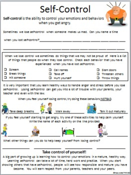 Self Control Worksheet By Empowered By THEM Teachers Pay Teachers