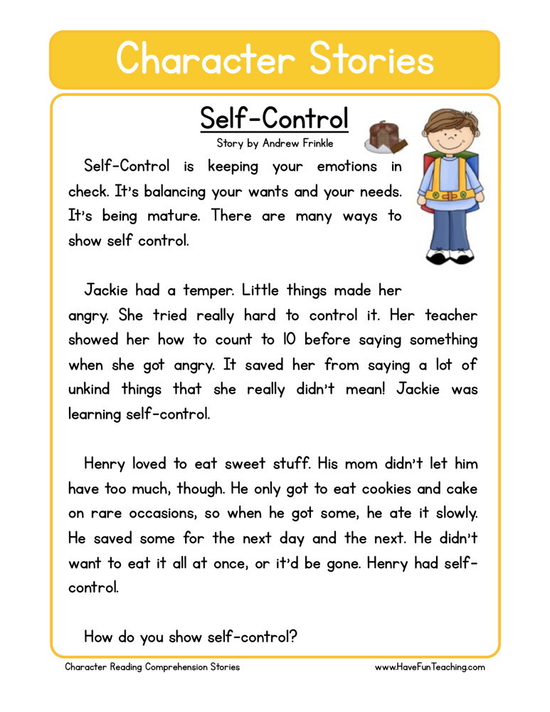 Reading Comprehension Worksheet Self Control