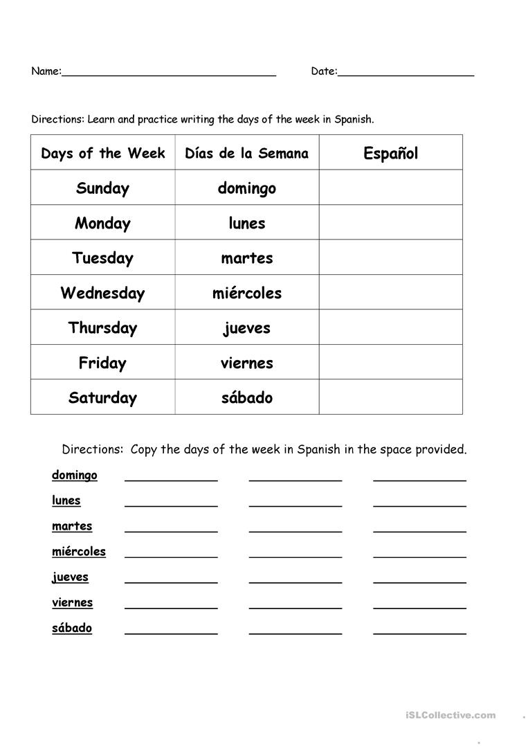 Days Of The Week In Spanish Worksheet Free ESL Printable Worksheets 