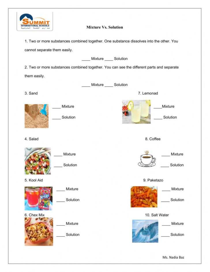 Free Printable Worksheets On Mixtures And Solutions