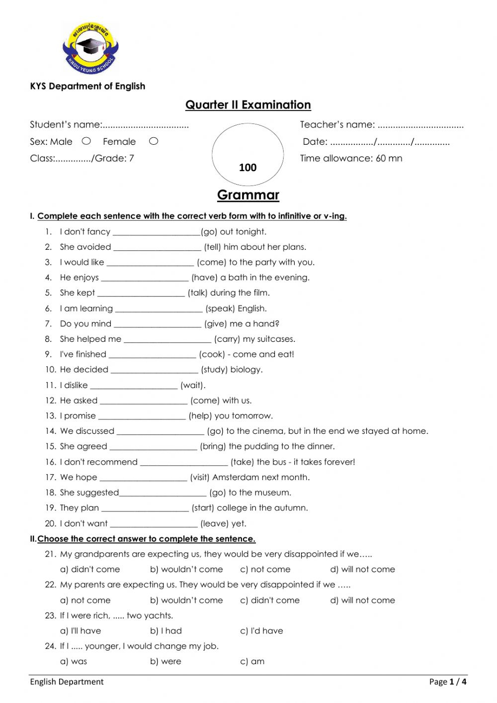 Grade7 Grammar Test Worksheet