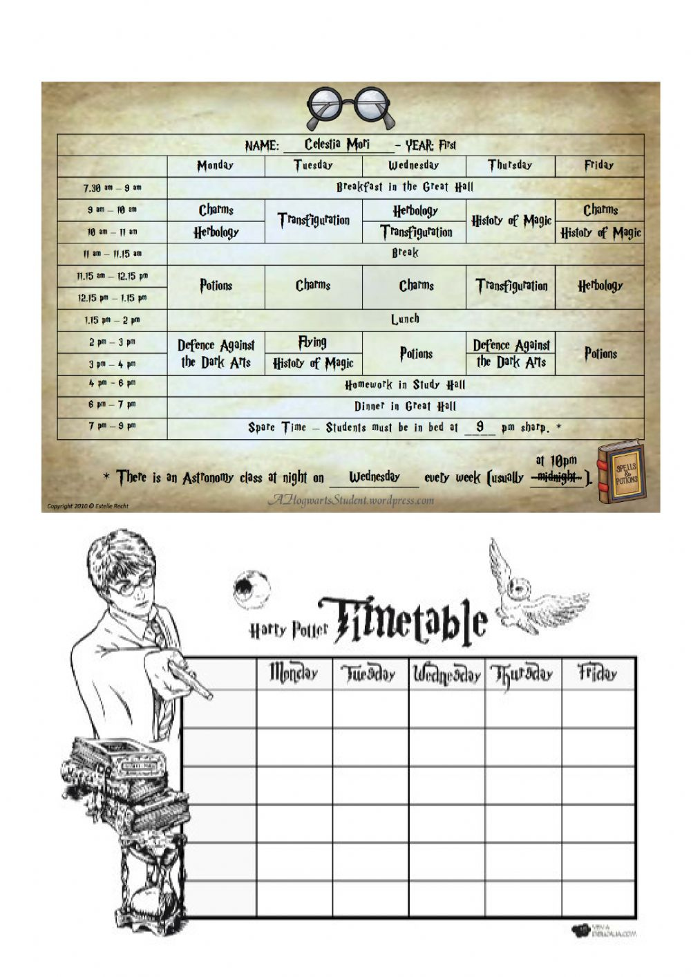 Harry Potter Hogwarts Timetable Worksheet