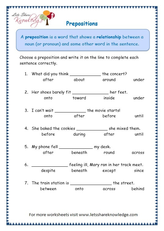 Printable Preposition Worksheets For Grade 3