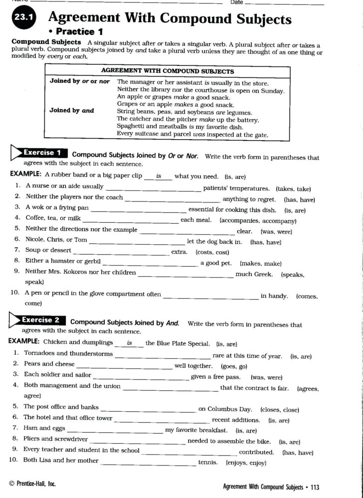 Subject Verb Agreement Printable Worksheets High School