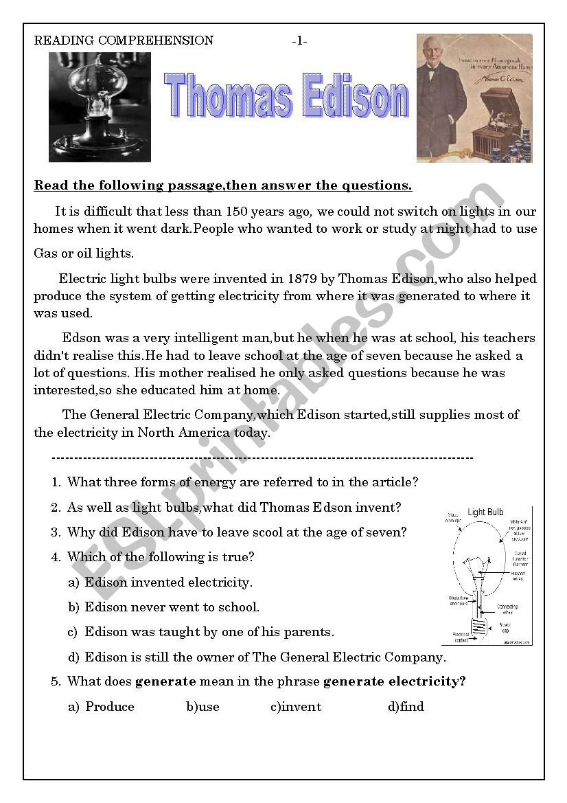 Quiz Worksheet Thomas Edison Study Thomas Edison Printable 
