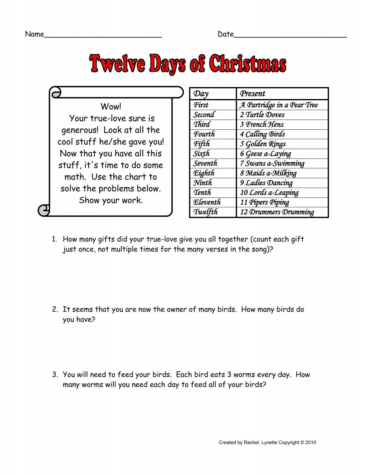 12 Days Of Christmas Story Problems pertaining to 12 Days Of Christmas Statistics Worksheet