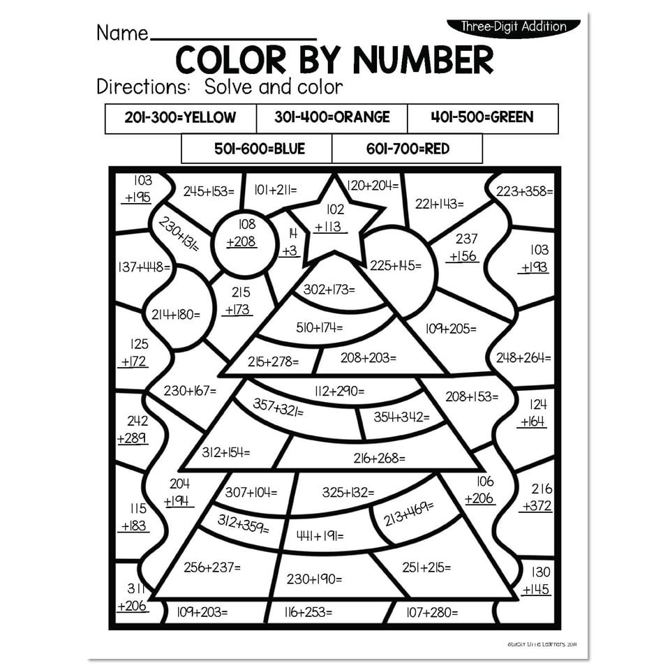 3-Digit Addition Winter Colornumber - Christmas Tree - Lucky inside Christmas Coloring Addition Worksheets