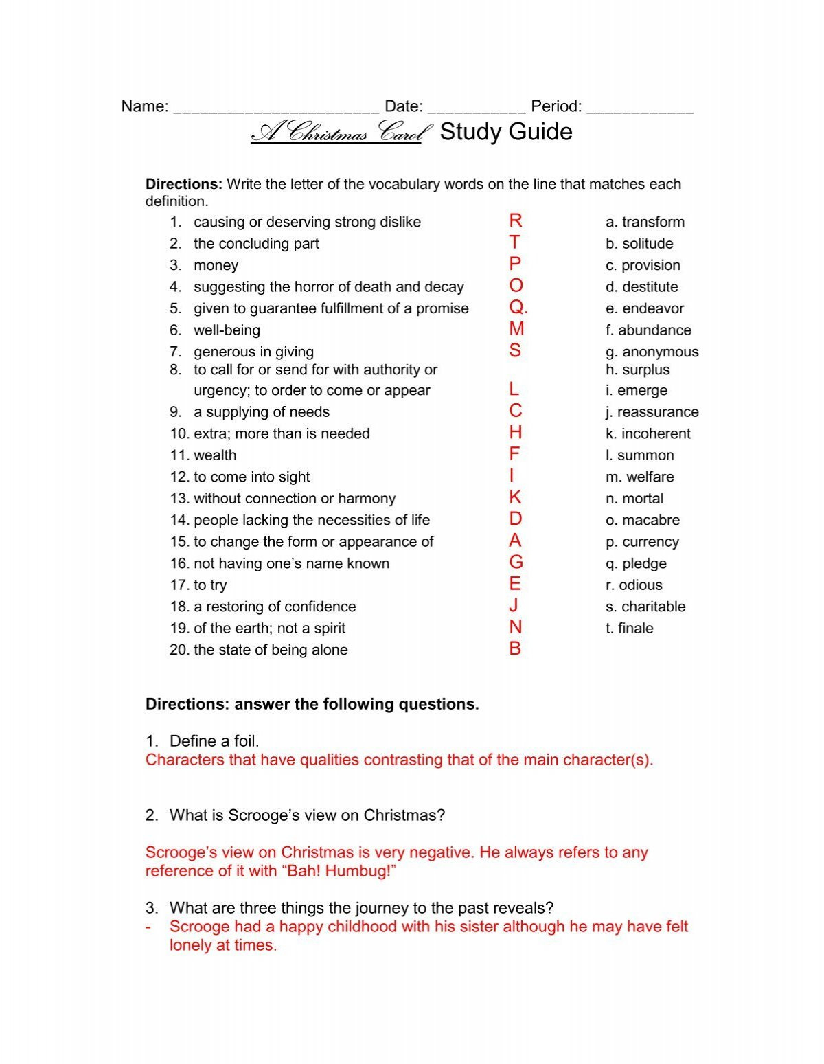 A Christmas Carol Study Guide - Answer Key intended for A Christmas Carol Worksheet Answers