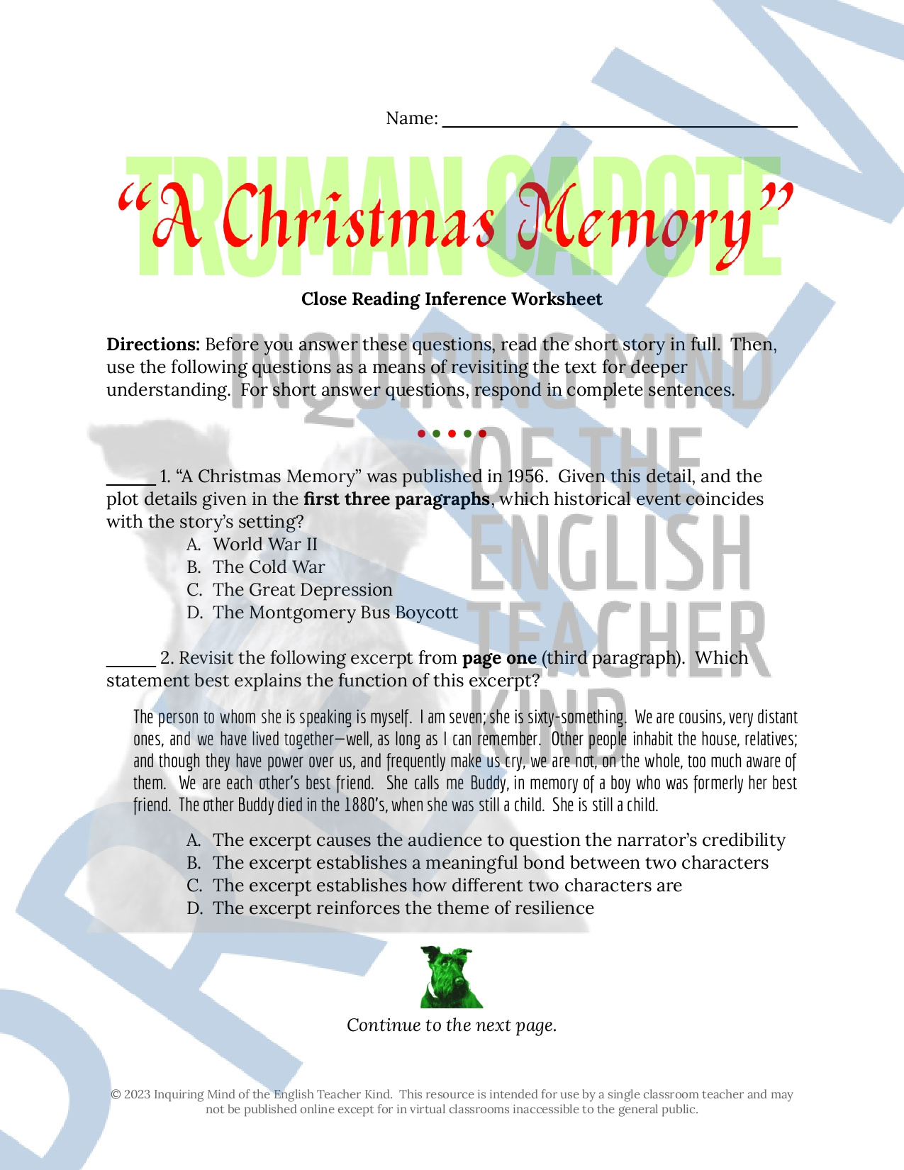 A Christmas Memorytruman Capote Close Reading Analysis throughout A Christmas Memory Worksheet