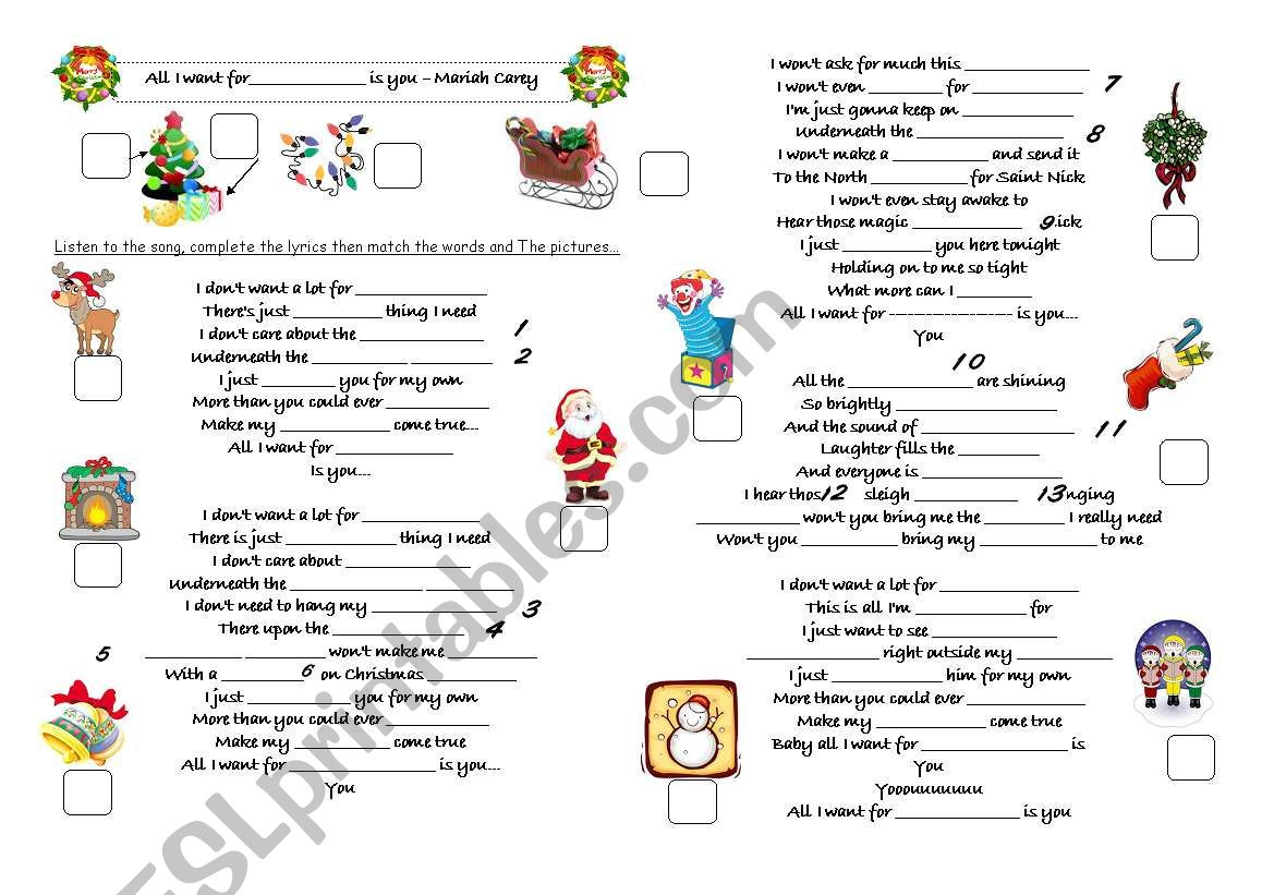 All I Want For Christmas Is You - Mariah Carey - Esl Worksheet in All I Want For Christmas Worksheet