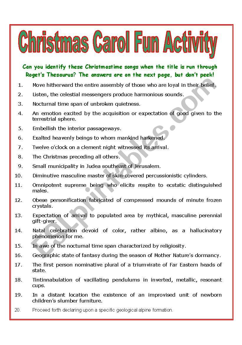 Christmas Carol Fun Activity - Esl Worksheetmulford throughout Christmas Carol Worksheet Answers