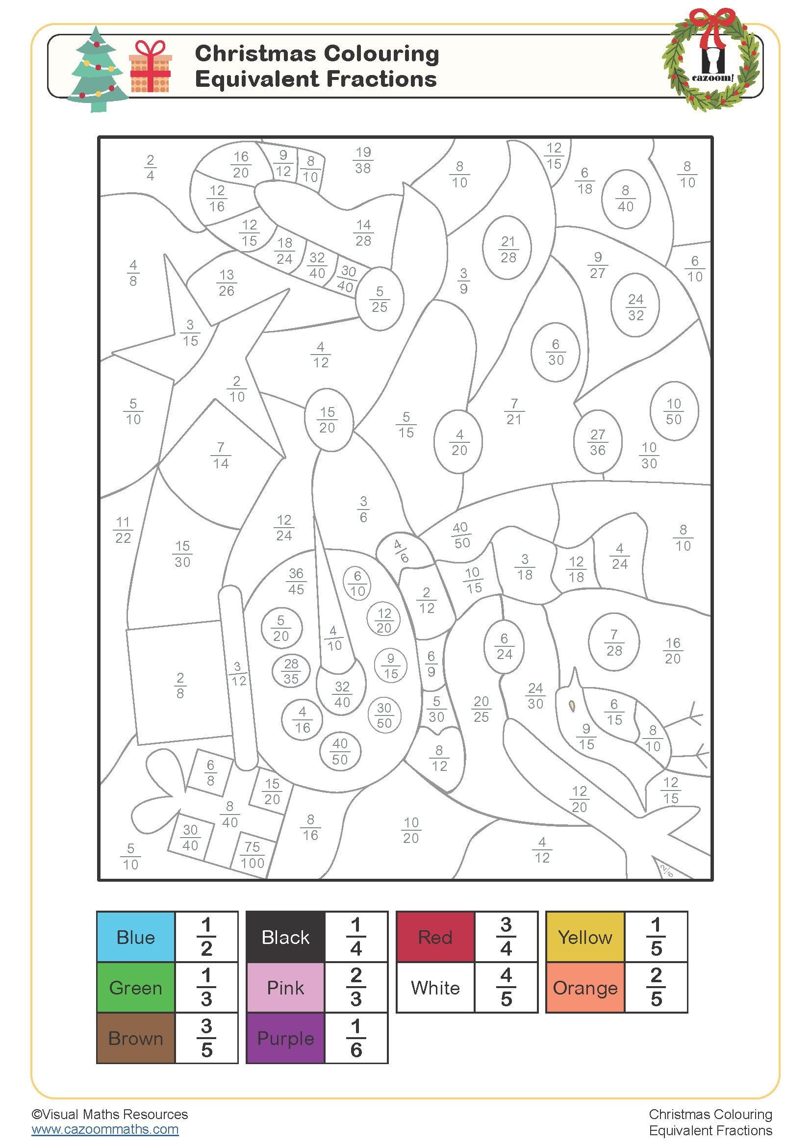 Christmas Colouring - Equivalent Fractions Worksheet | Cazoom with regard to Christmas Fraction Worksheets