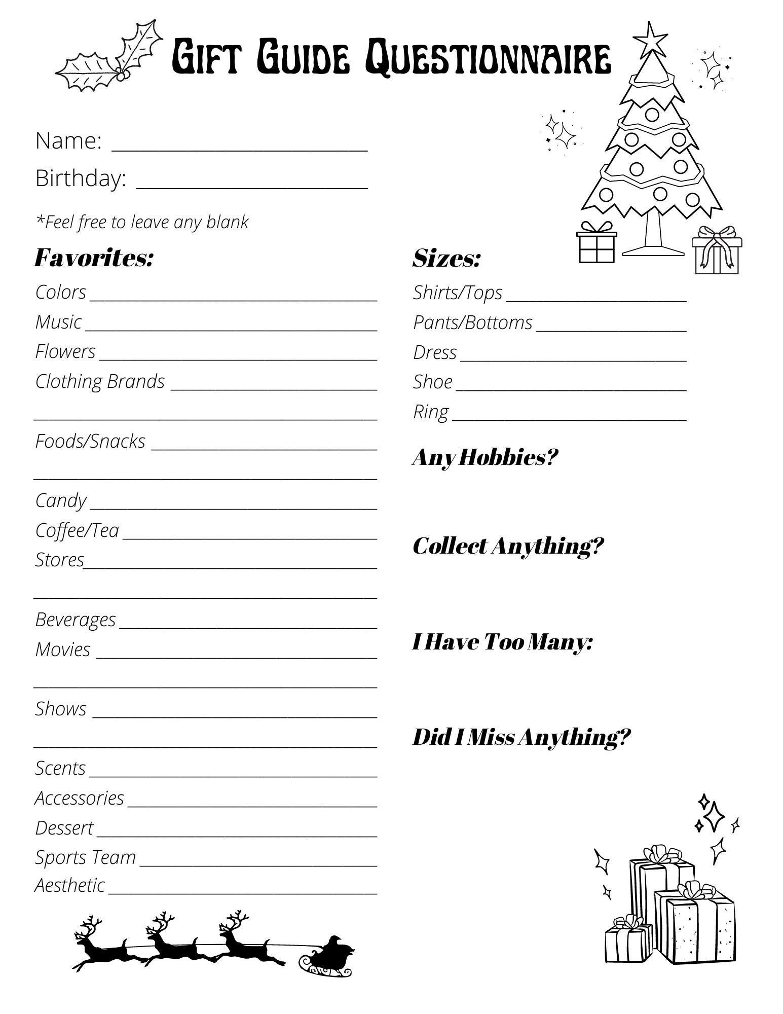 Christmas Gift Questionnaire - Etsy intended for Christmas Gift Worksheet