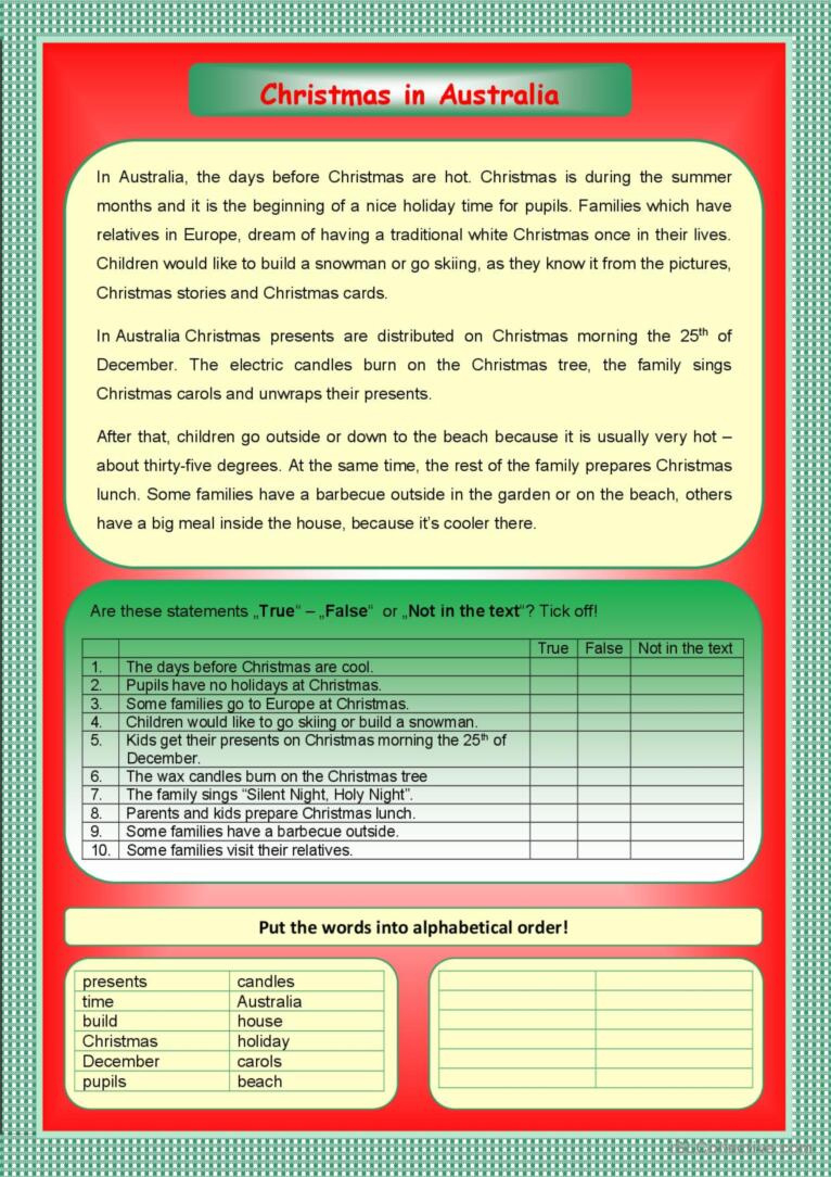 Christmas In Australia Reading For D…: English Esl Worksheets Pdf throughout Christmas In Australia Worksheet