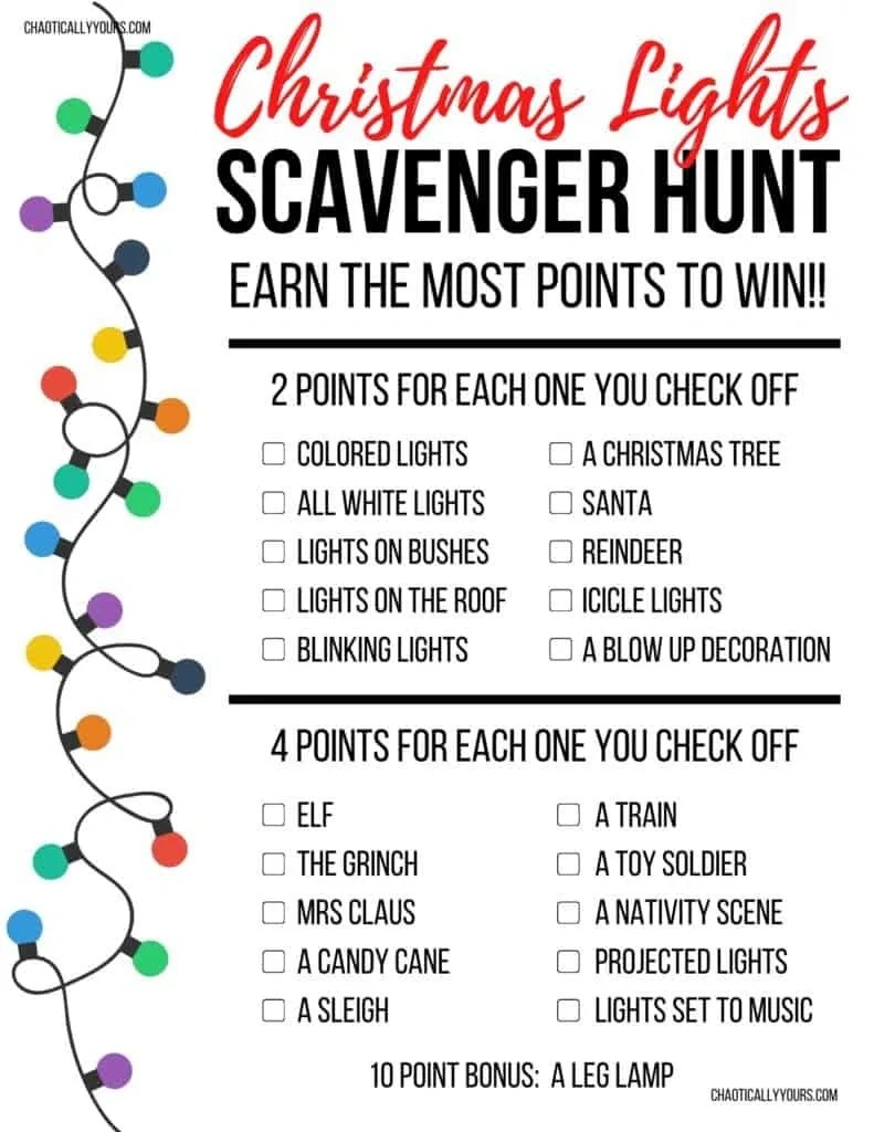 Christmas Lights Scavenger Hunt (Free Worksheet) - Chaotically Yours with Christmas Lights Worksheet