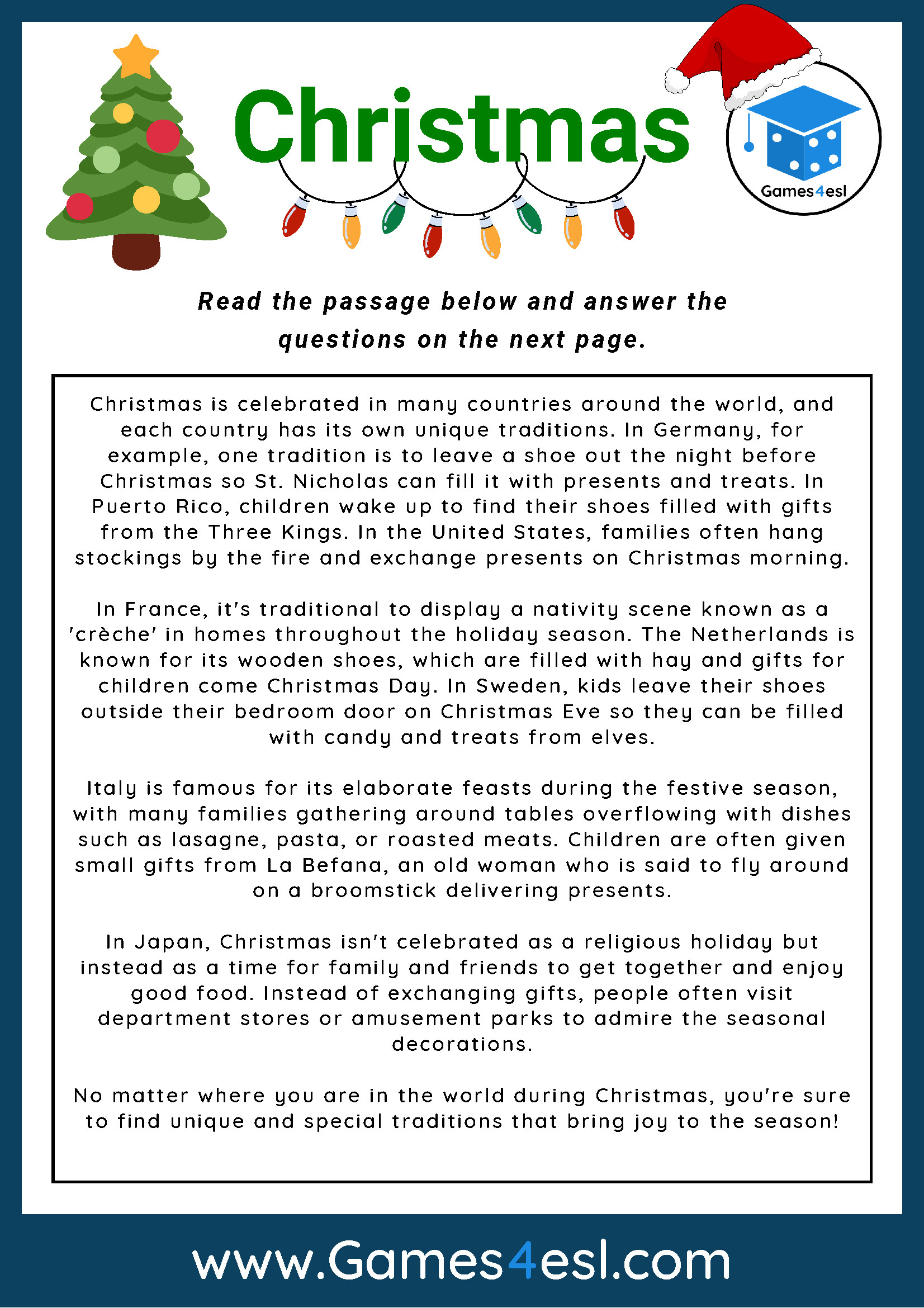 Christmas - Reading Comprehension Worksheet | Games4Esl within Christmas Holiday Reading Comprehension Worksheets Free