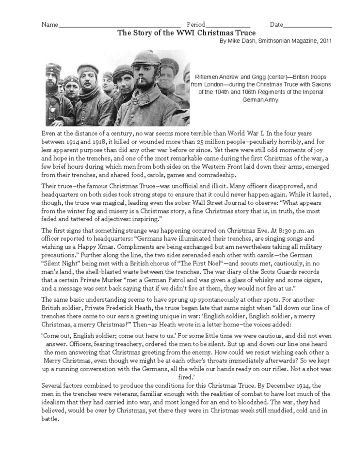 Answer Key The World War 1 Christmas Truce Worksheet Answers