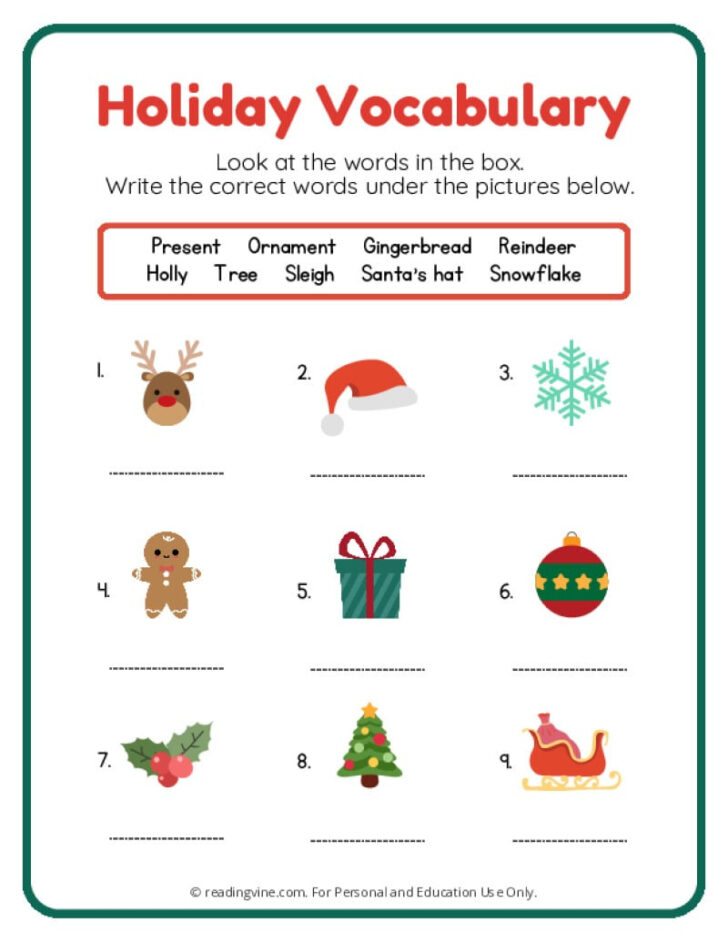 Printable Christmas Vocabulary Worksheet