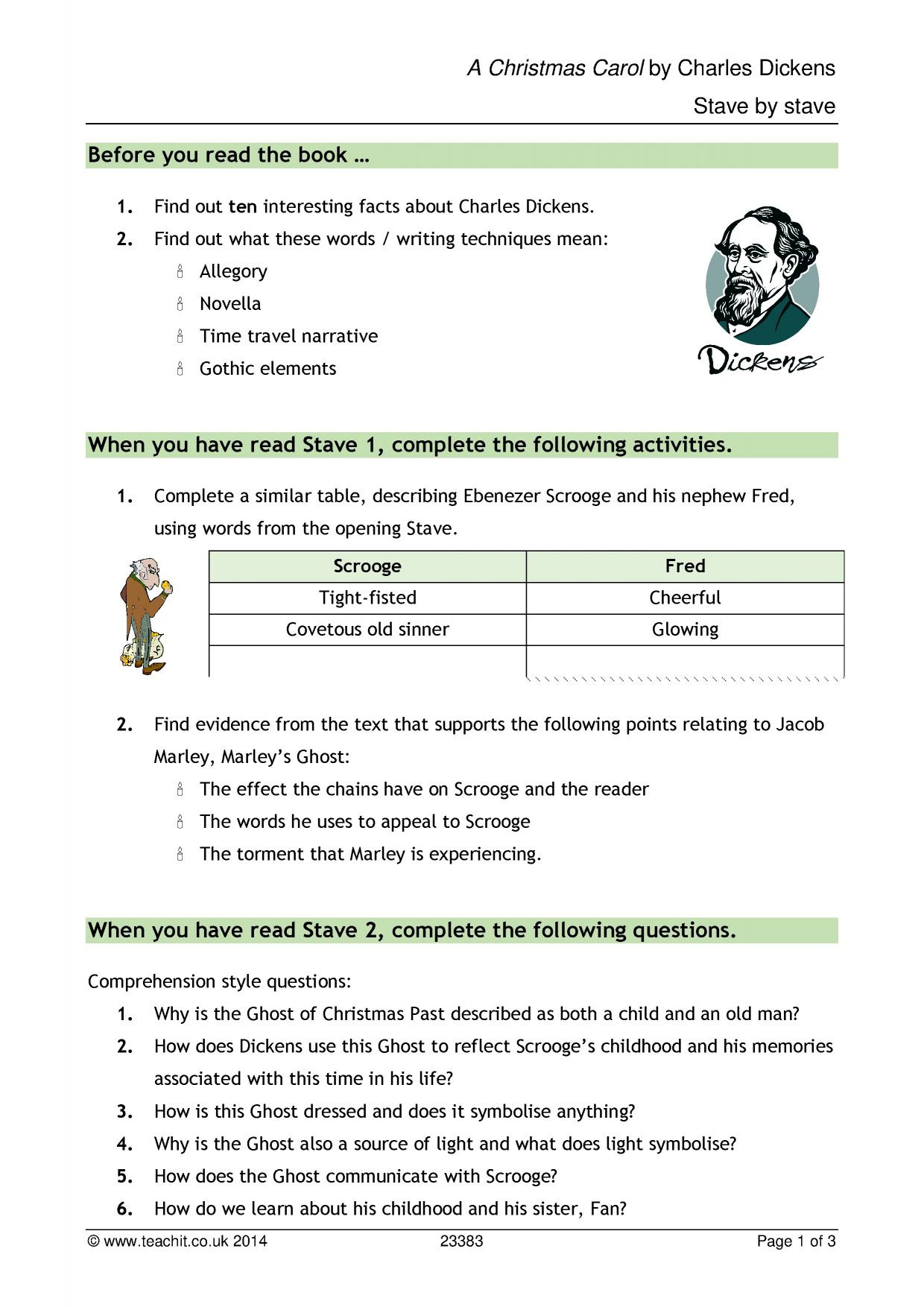 Comprehension Questions | A Christmas Carol | Charles Dickens in A Christmas Carol Stave 1 Worksheet