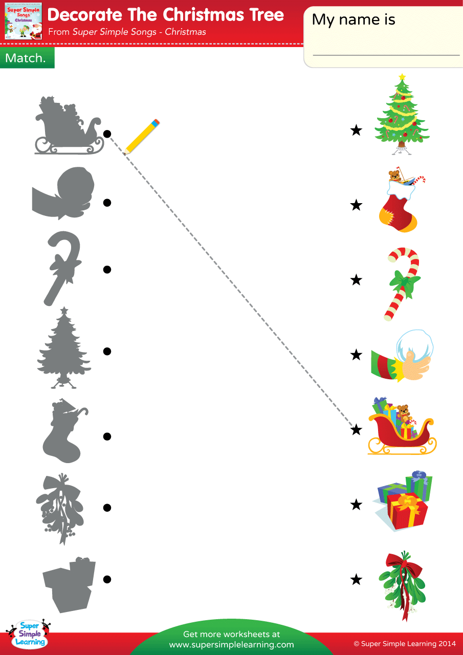 Decorate The Christmas Tree Worksheet - Match - Super Simple with Christmas Match Up Worksheet