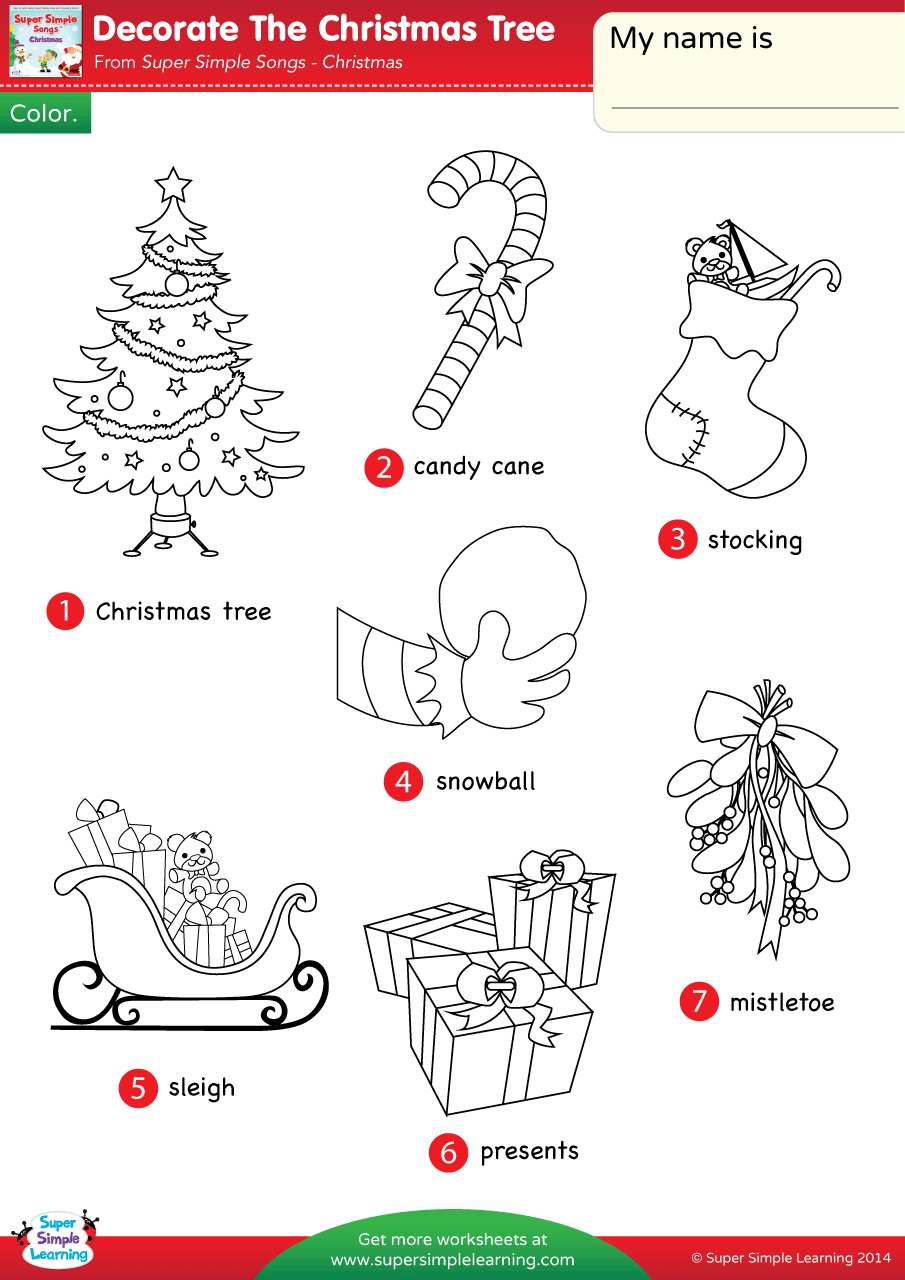 Decorate The Christmas Tree Worksheet - Vocabulary Coloring for Printable Christmas Vocabulary Worksheet