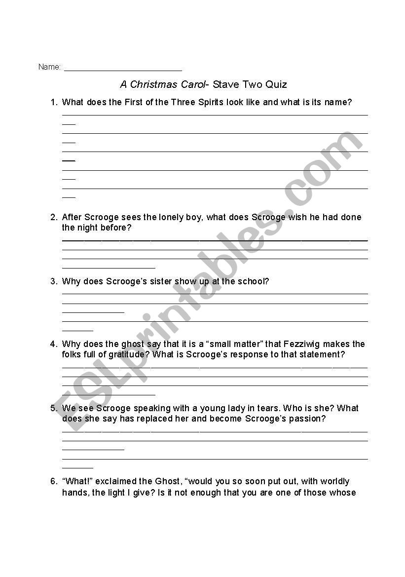 English Worksheets: A Christmas Carol Stave Two Quiz inside A Christmas Carol Stave 2 Worksheet