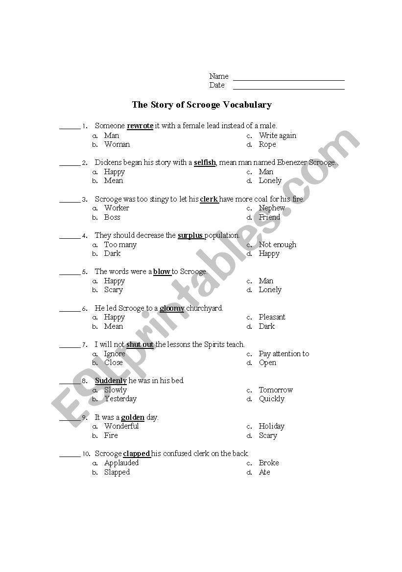 English Worksheets: Vocabulary Quiz For A Christmas Carol regarding A Christmas Carol Vocabulary Worksheet