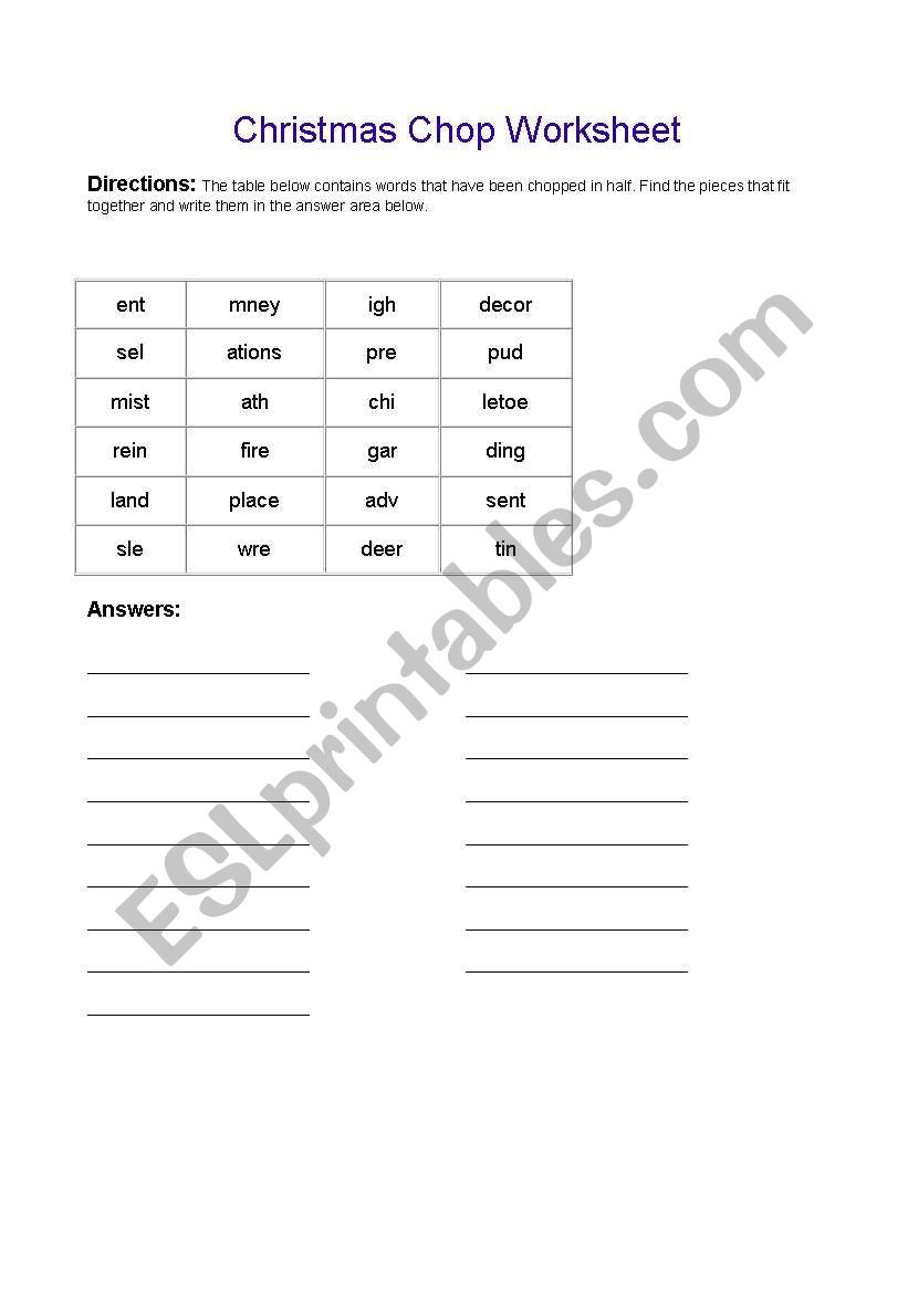 English Worksheets: Xmas Words Chop regarding Christmas Chop Worksheet Answers