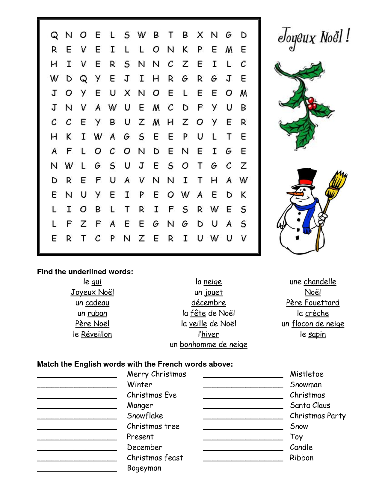 French Christmas Word Search for French Christmas Worksheets