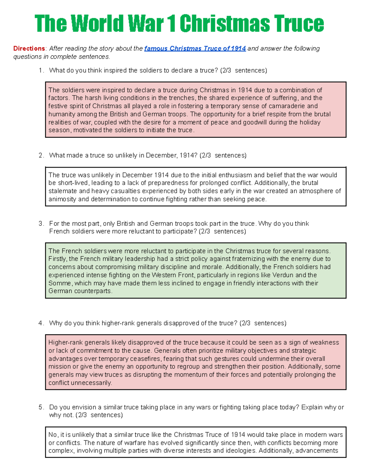 Jayshon Dedrick) The World War I Christmas Truce - The World War 1 in A Christmas Truce Worksheet Answers