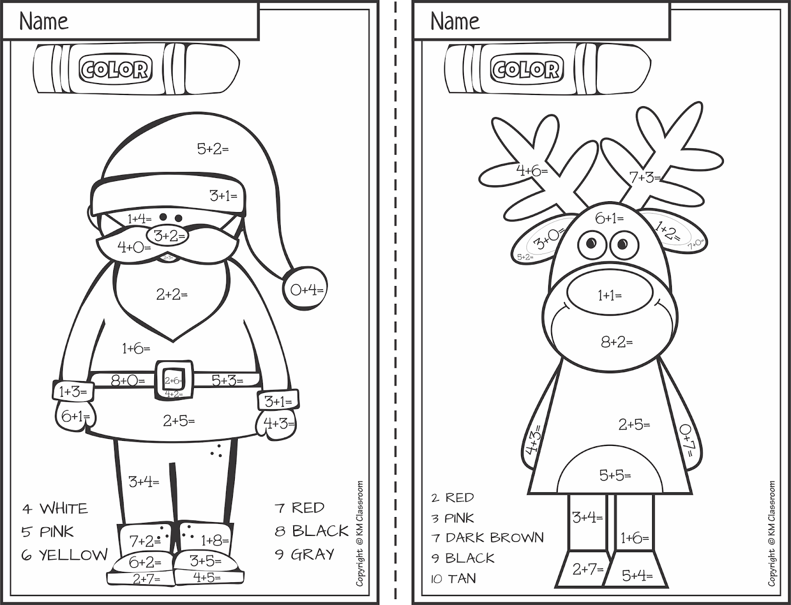 Km Classroom: Free Christmas Colornumber Addition Within 10 for Christmas Color by Number Addition Worksheets 2nd Grade