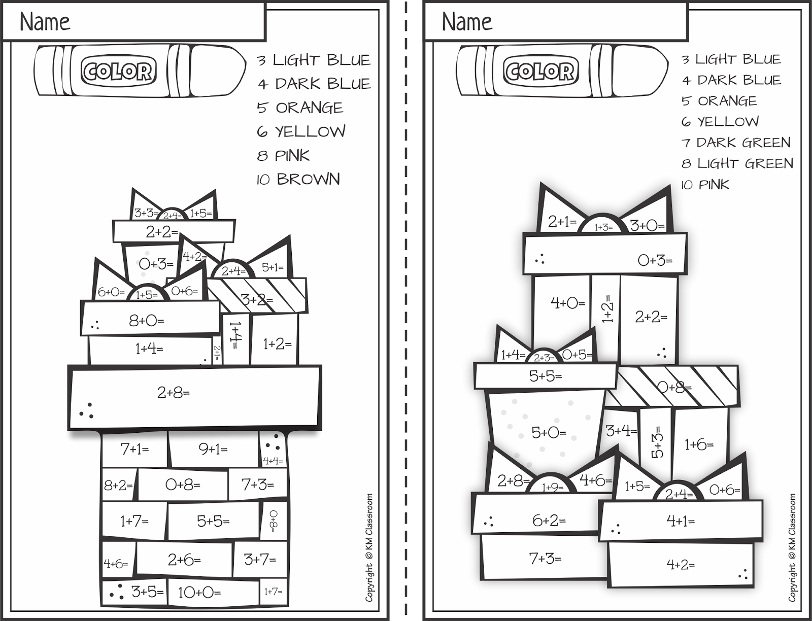 Km Classroom: Free Christmas Colornumber Addition Within 10 in Addition and Subtraction Christmas Coloring Worksheets