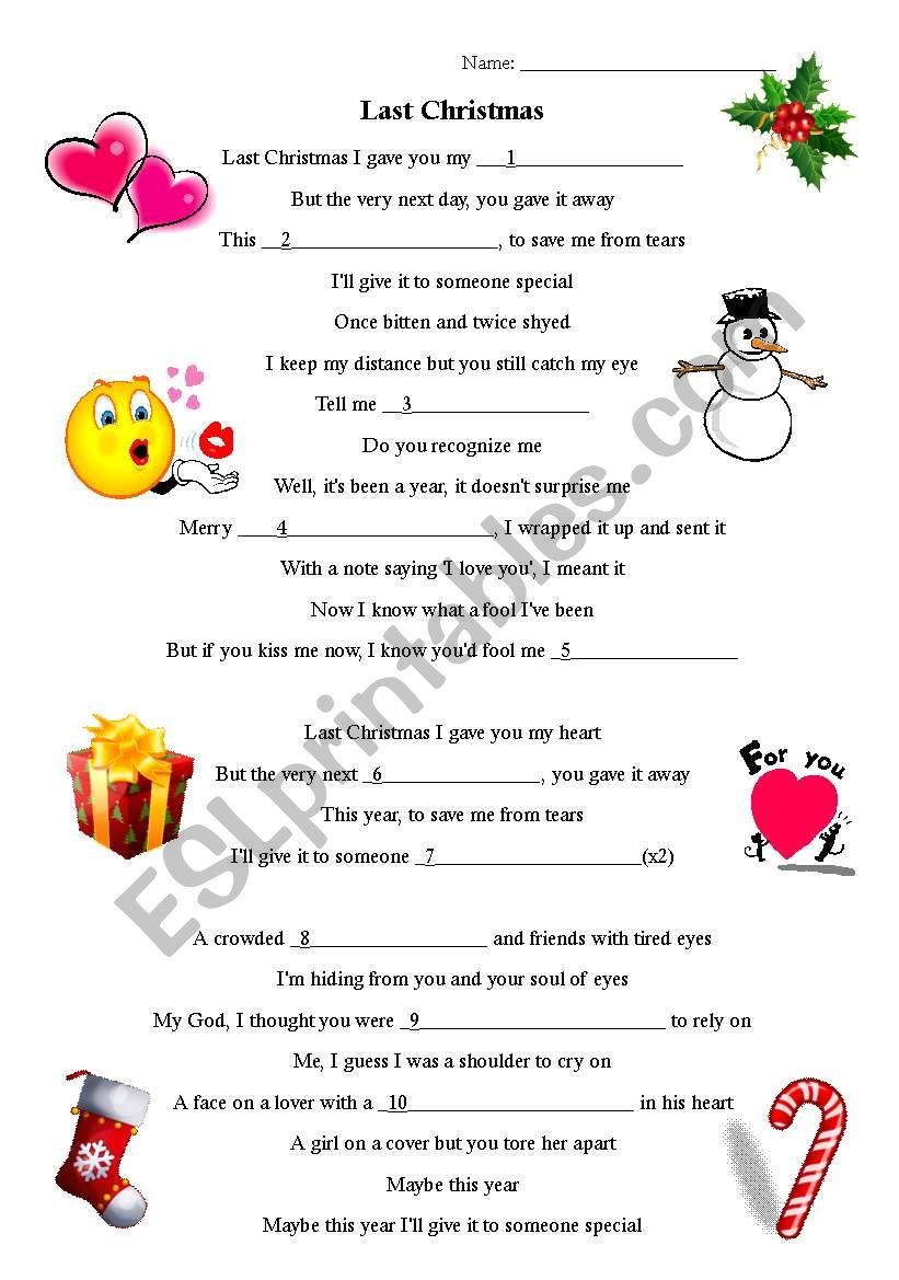 Last Christmas Fill In The Blanks - Esl Worksheetsuterja intended for Christmas Fill In The Blank Worksheets