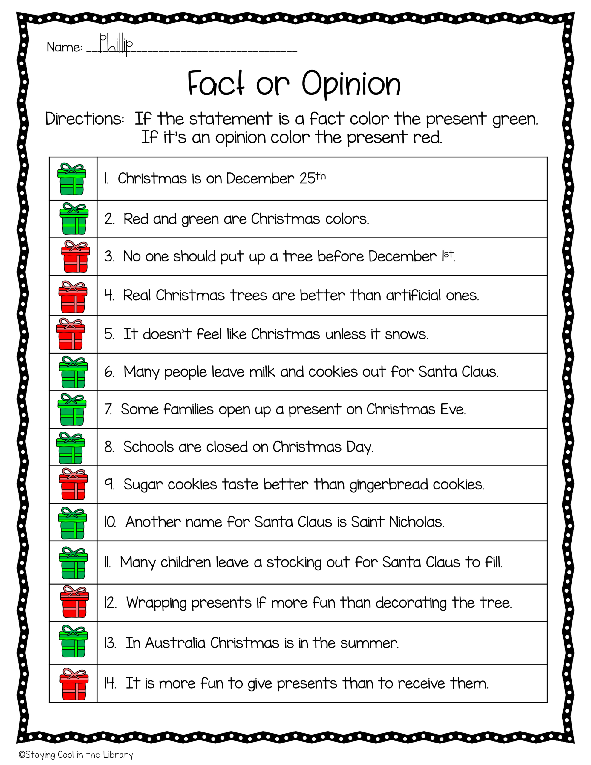 Library No Prep Printables - Christmas inside Christmas Fact and Opinion Worksheets