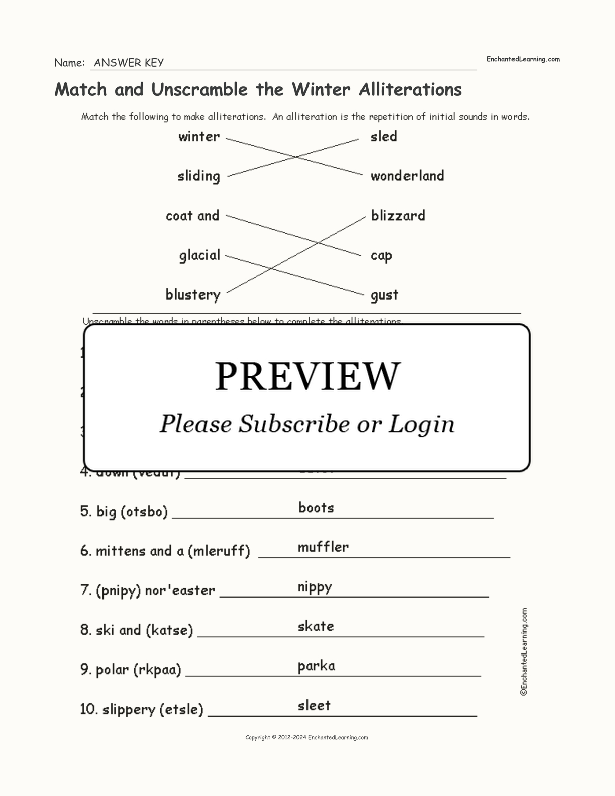 Match And Unscramble The Winter Alliterations - Enchanted Learning inside Christmas Alliterations Worksheet