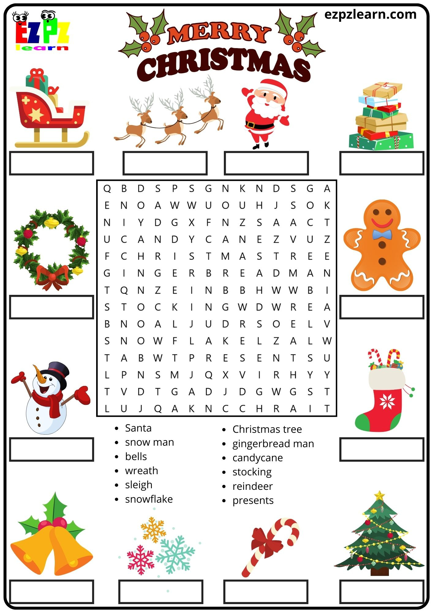 Merry Christmas Vocabulary Word Search And Match The Words inside Merry Christmas Worksheet